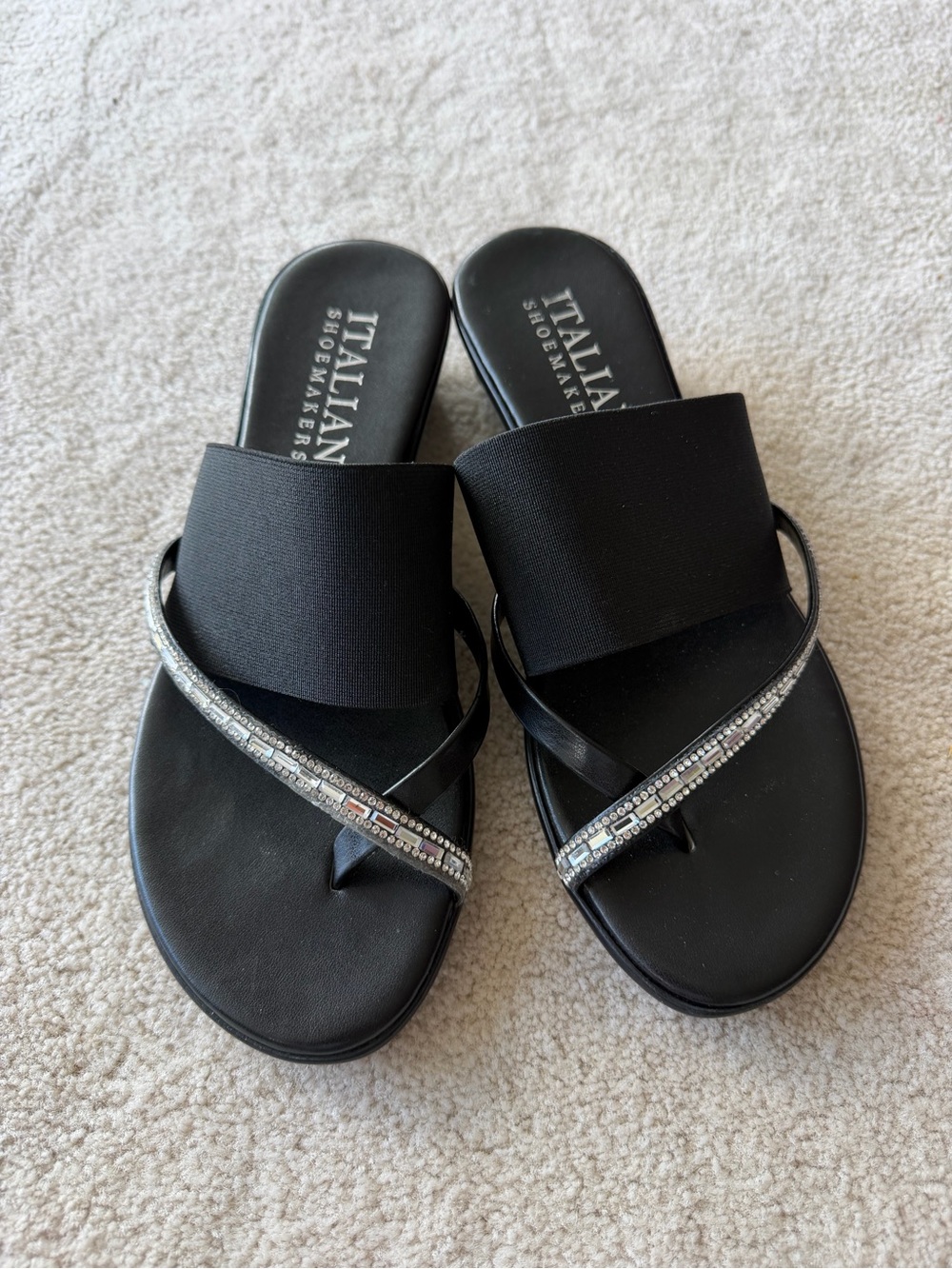 Italian Shoemakers Black Slide Sandals with Silver Crystal Strap